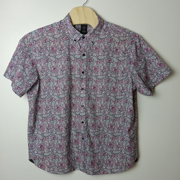 Michael Strahan Mens XXL Slim Fit Paisley Short Sleeve Button Down Shirt - Picture 2 of 13